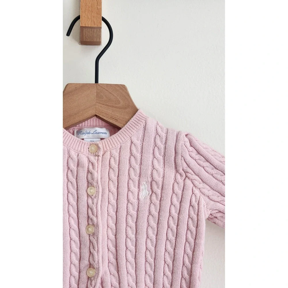 Ralph Lauren Baby Girl Cable Knit Cardigan Pastel Pink Sweater 9 Months Preppy